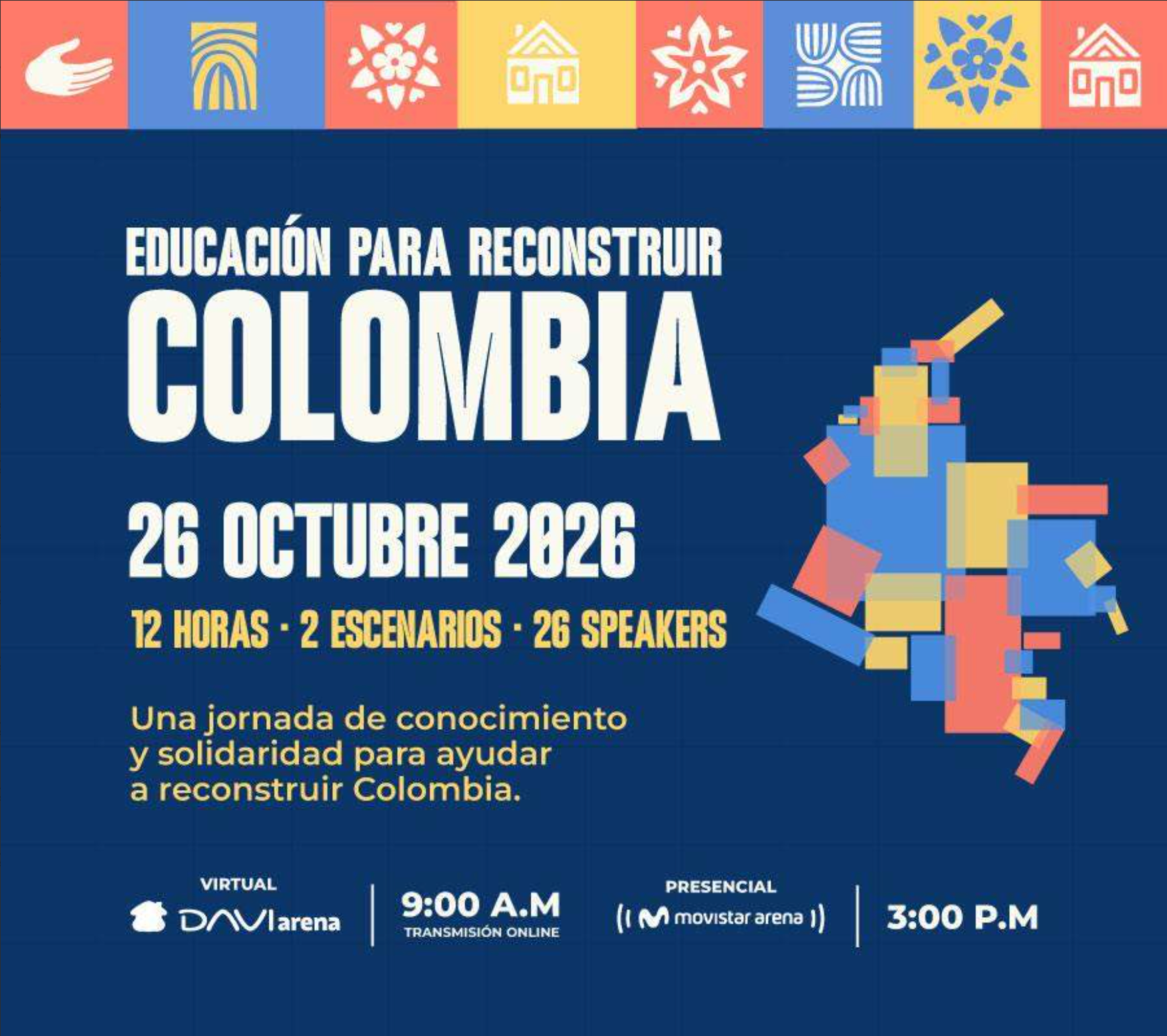 Afiche oficial de Educación para reconstruir Colombia – Presencial en Bogotá, 26 de octubre de 2026.