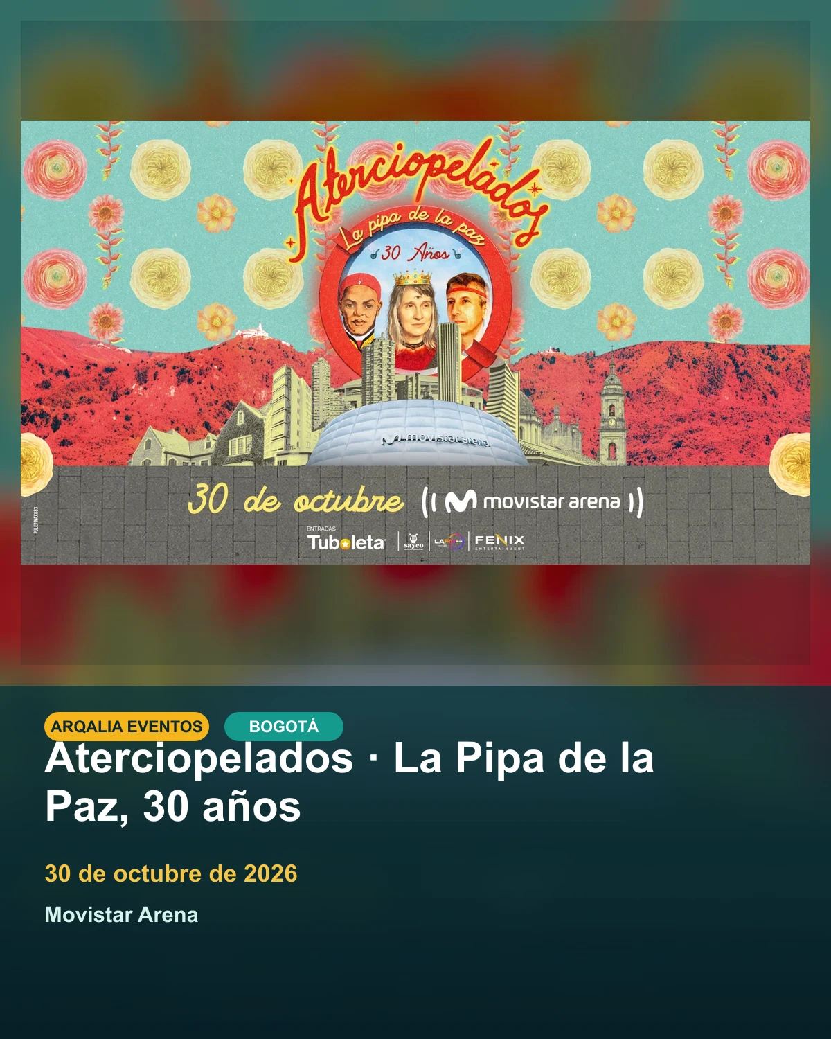 Portada de Aterciopelados · La Pipa de la Paz, 30 años en Bogotá, creada con imagen promocional oficial.