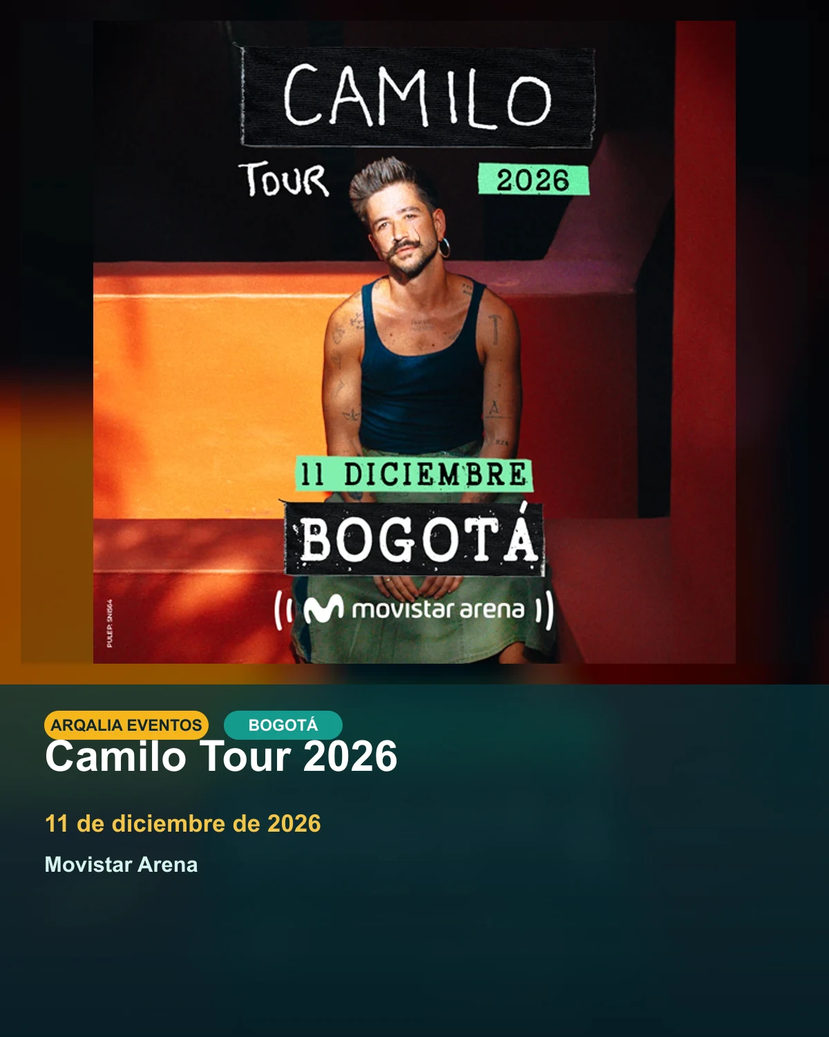 Portada de Camilo Tour 2026 en Bogotá, creada con imagen promocional oficial.