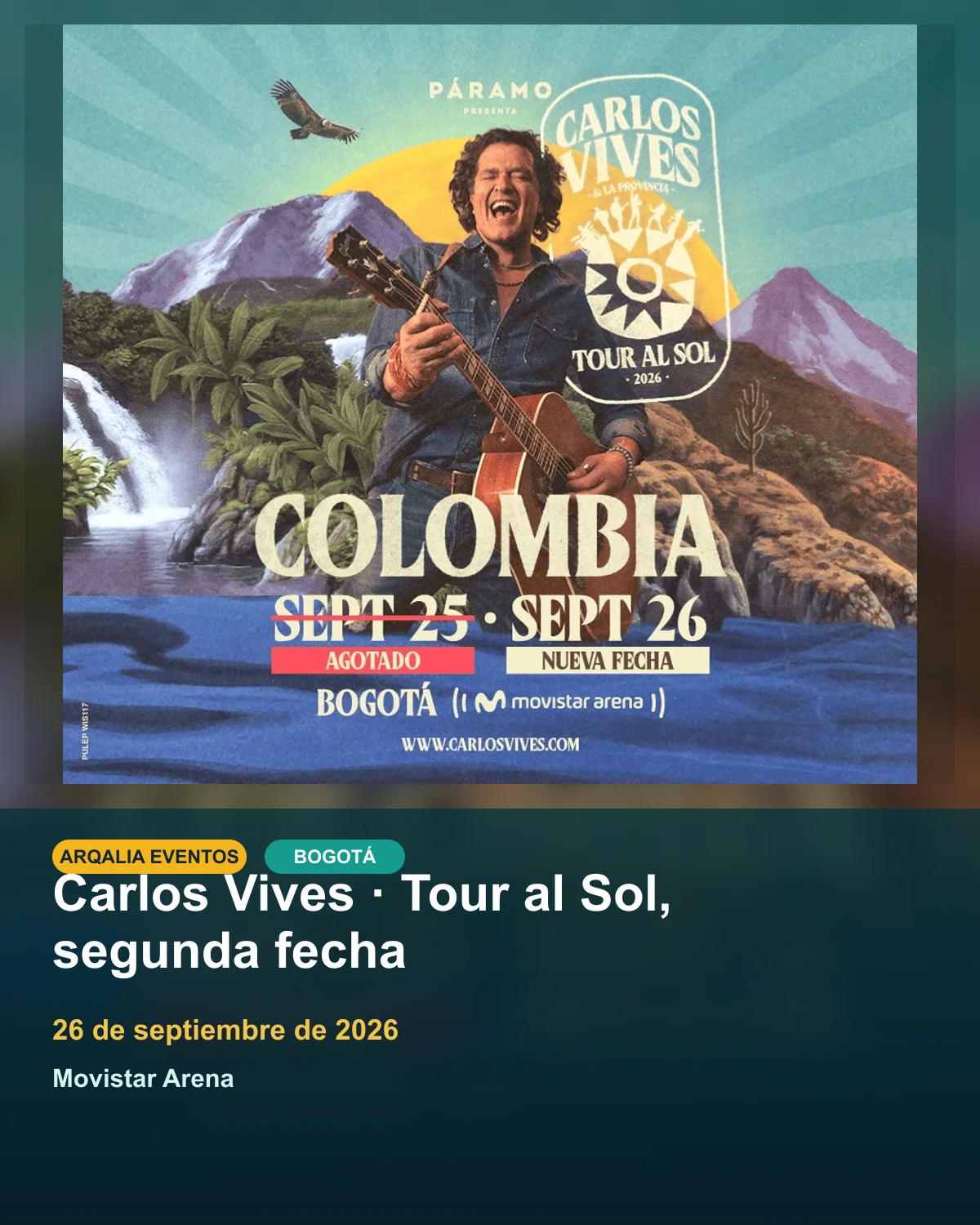 Portada de Carlos Vives · Tour al Sol, segunda fecha en Bogotá, creada con imagen promocional oficial.