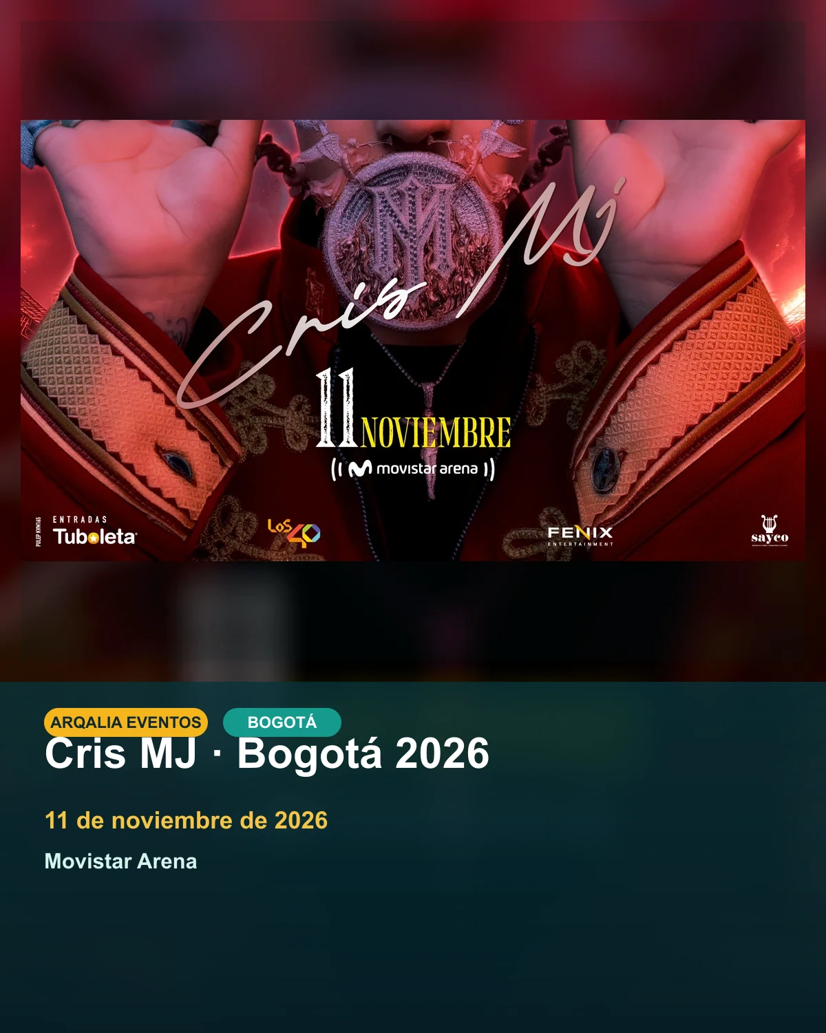 Portada de Cris MJ · Bogotá 2026 en Bogotá, creada con imagen promocional oficial.