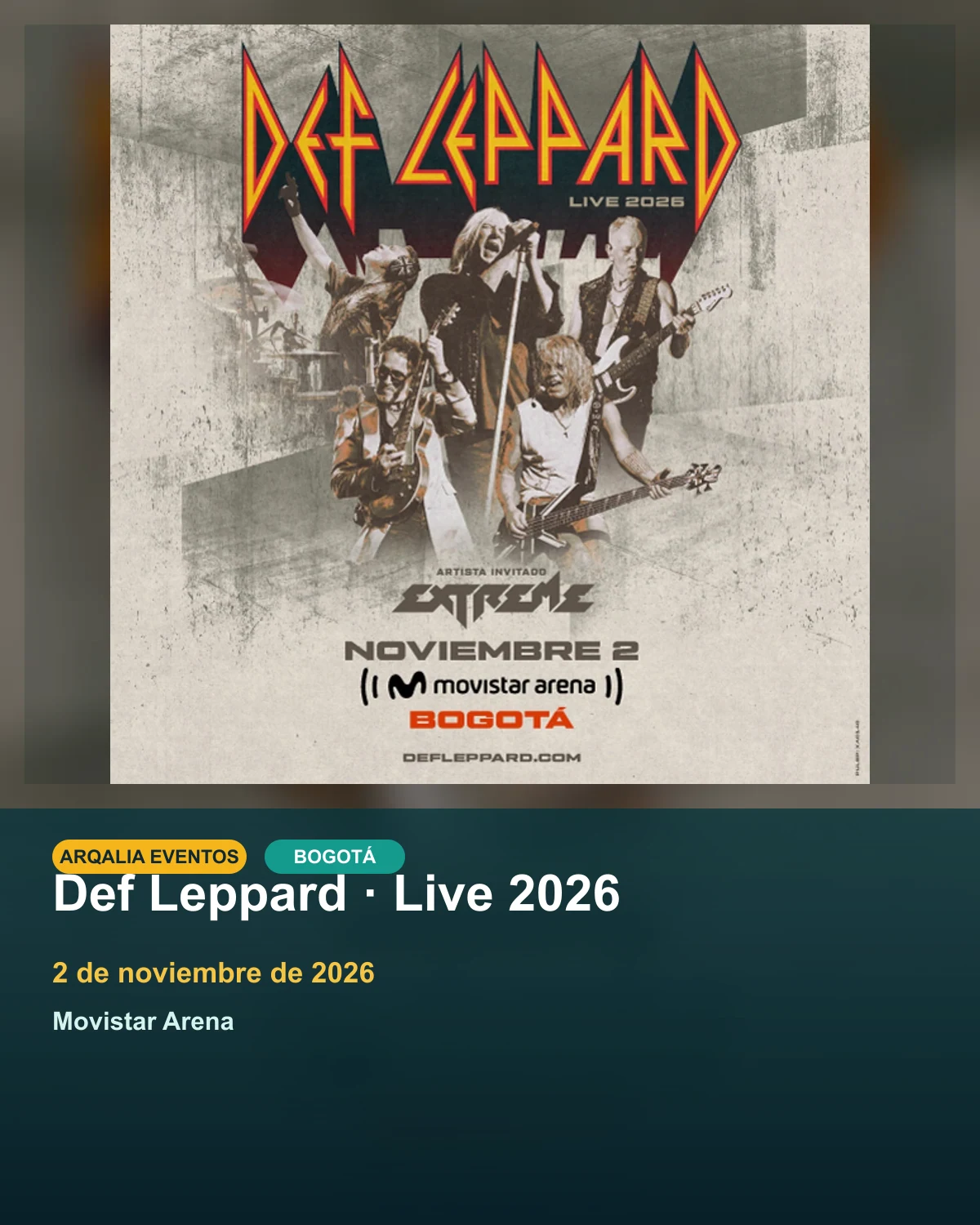 Portada de Def Leppard · Live 2026 en Bogotá, creada con imagen promocional oficial.