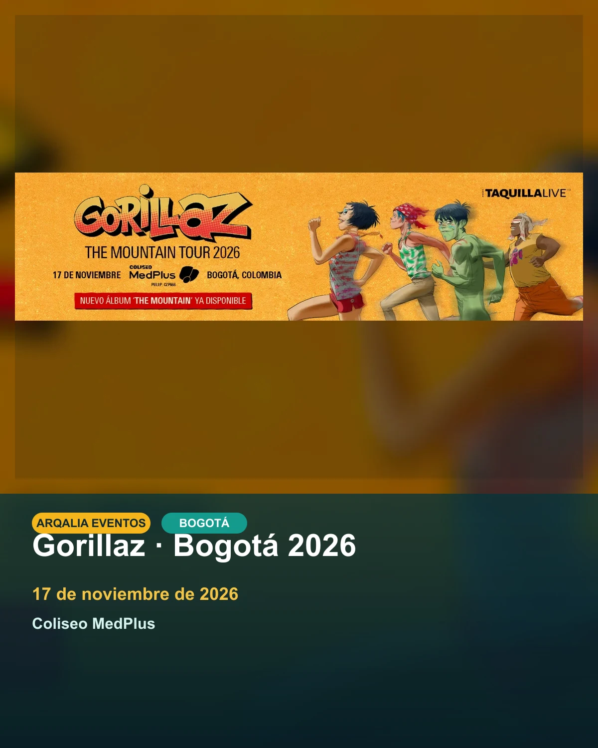Portada de Gorillaz · Bogotá 2026 en Bogotá, creada con imagen promocional oficial.