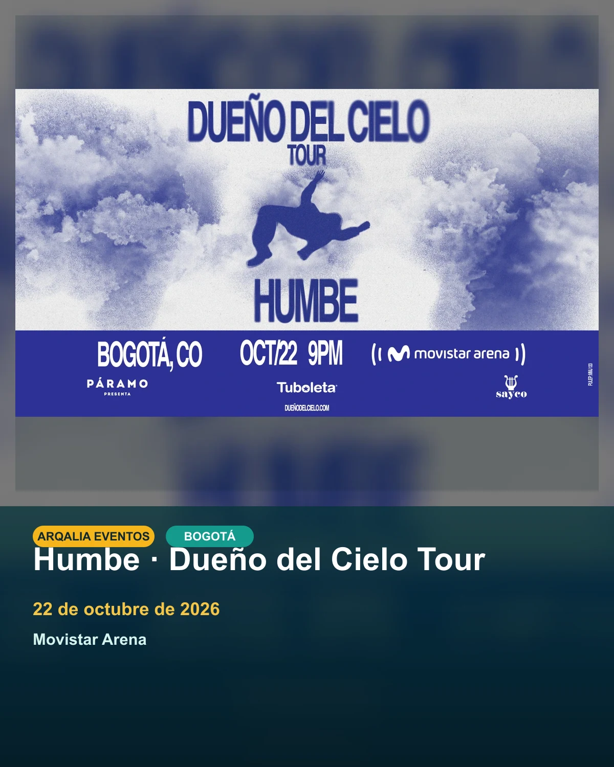 Portada de Humbe · Dueño del Cielo Tour en Bogotá, creada con imagen promocional oficial.