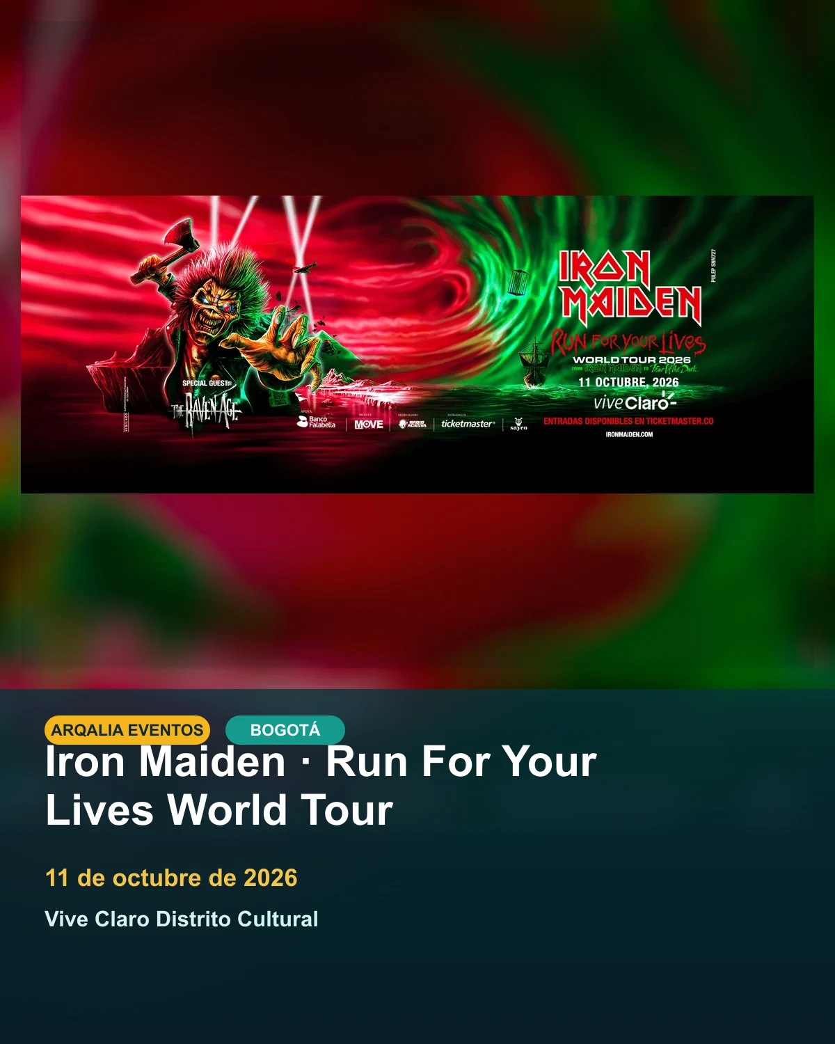 Portada de Iron Maiden · Run For Your Lives World Tour en Bogotá, creada con imagen promocional oficial.