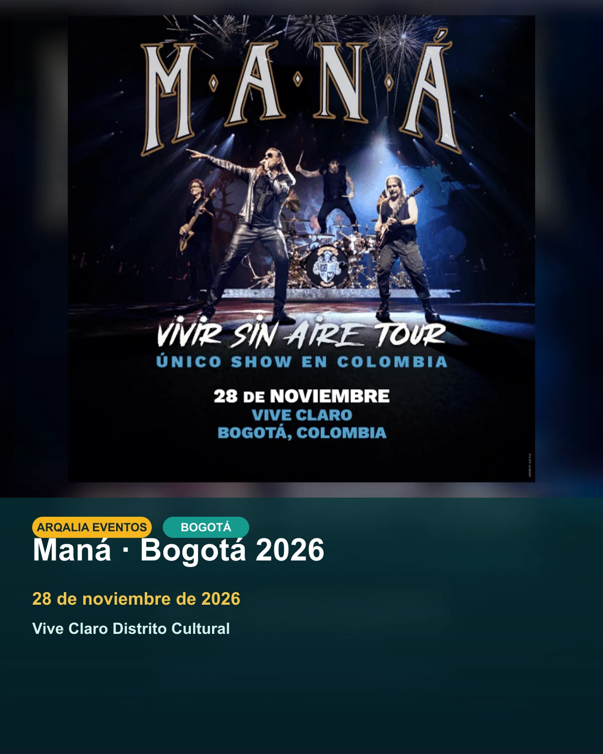 Portada de Maná · Bogotá 2026 en Bogotá, creada con imagen promocional oficial.