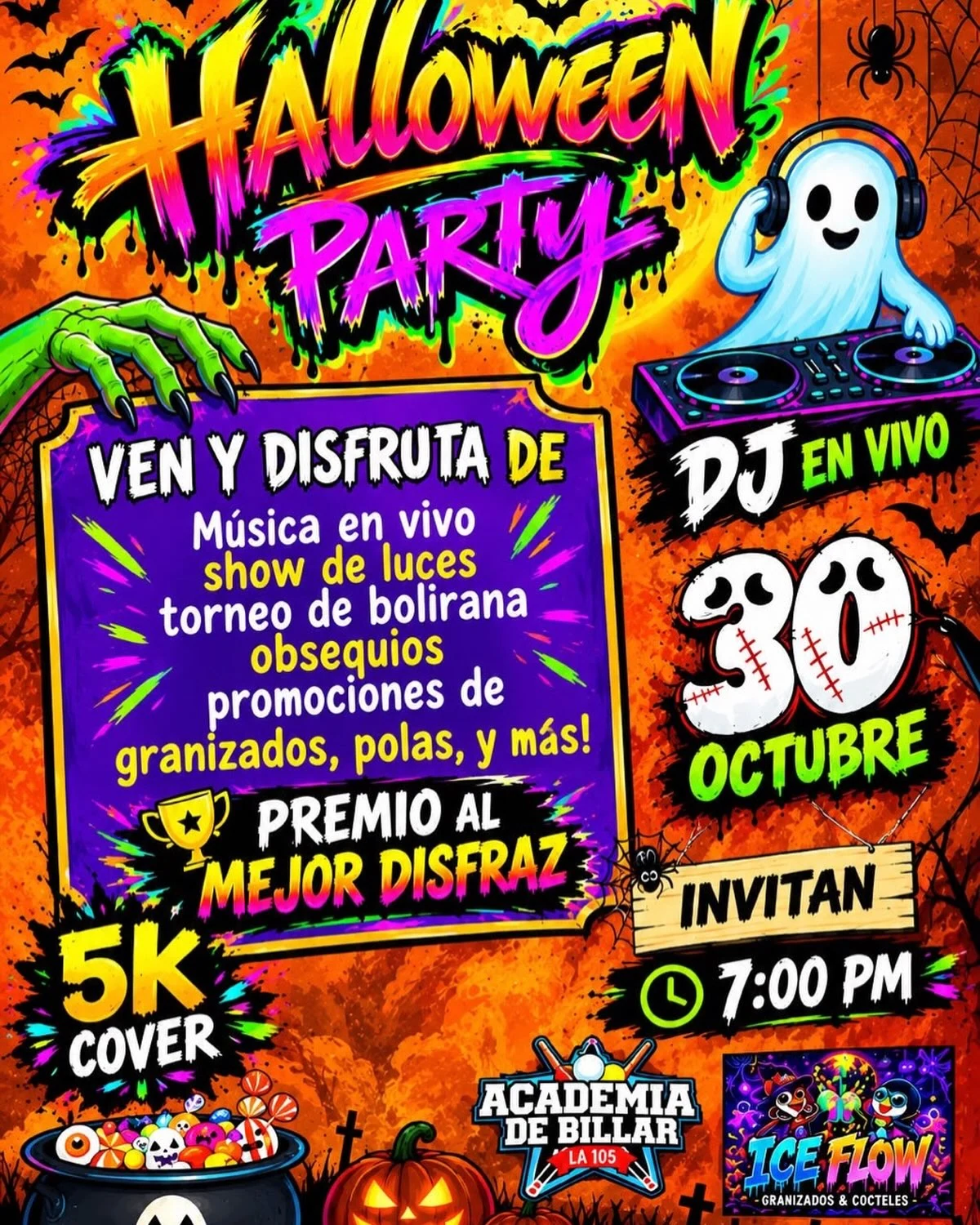 Afiche oficial Halloween Party de Ice Flow y Academia de Billar La105:30octubre,7pm,cover5mil, música y premio al mejor disfraz.
