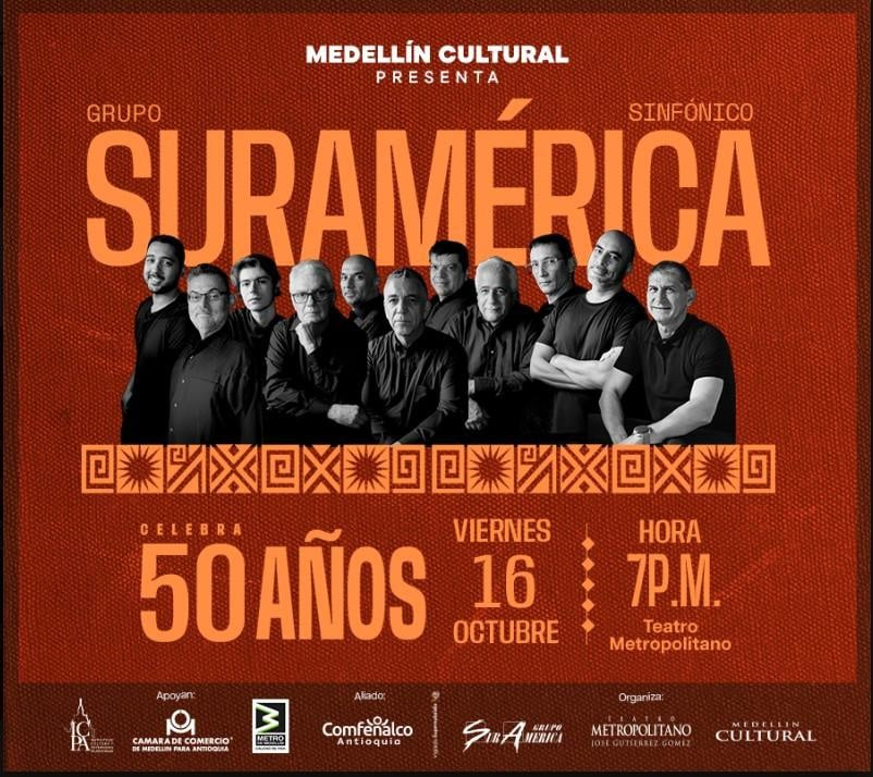 Afiche oficial de Suramérica Sinfónico: 50 años en Medellín, 16 de octubre de 2026.